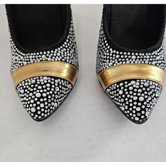 Black Faux Suede Pumps Covered In Rhinestones With Goldtone Band Size EU 3 US 7 - Picture 3 of 7